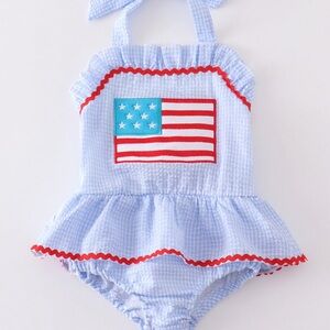 Blue Seersucker Romper with Flag Design